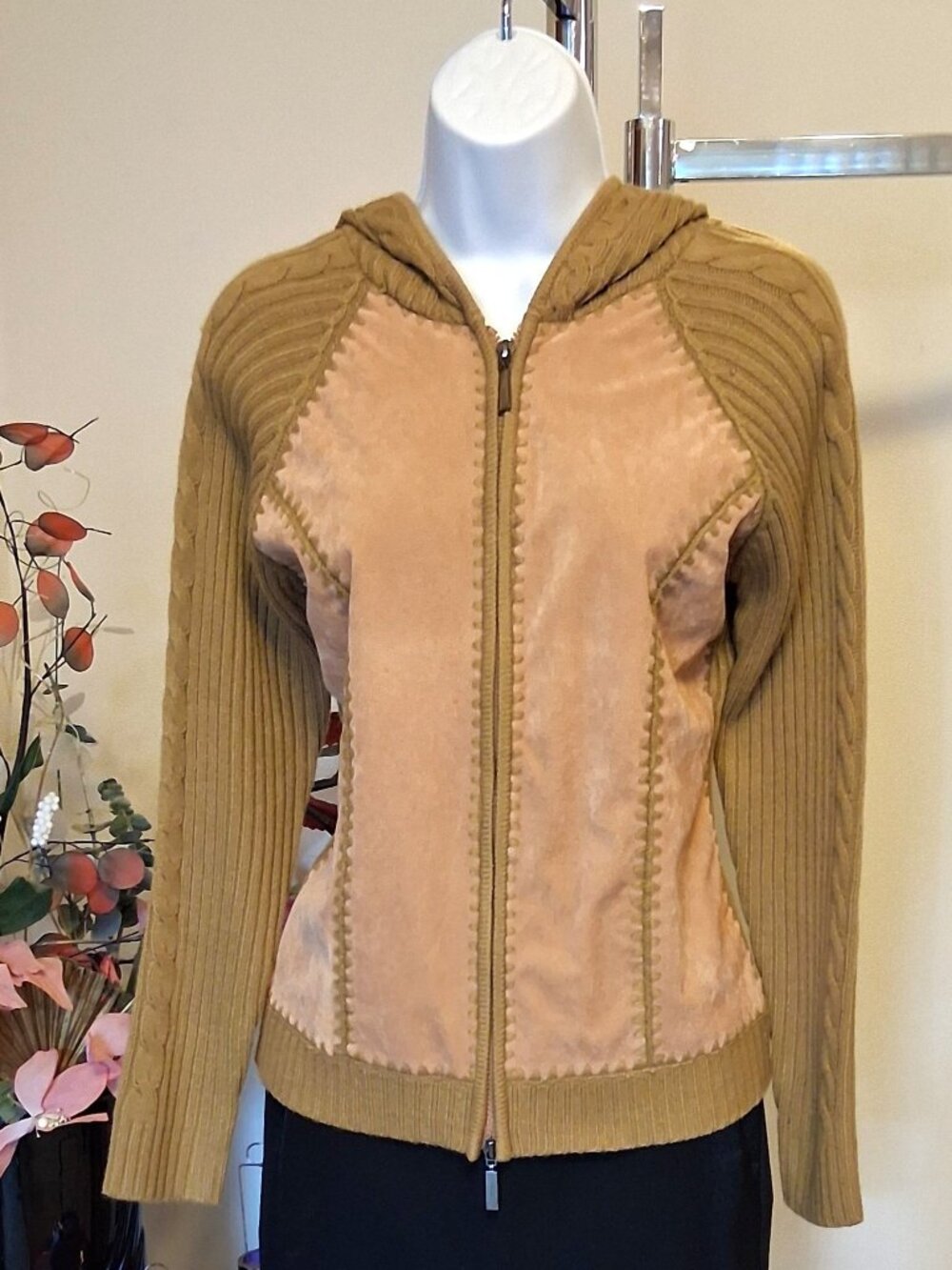 Quality Structured Knit Zip-Up Cardigan Yellow Hooded Sweater Women M